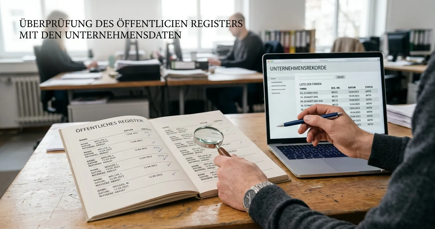 Neutrale Hände gleichen eine Betreiberfirma mit einem öffentlichen Lizenzregister ab