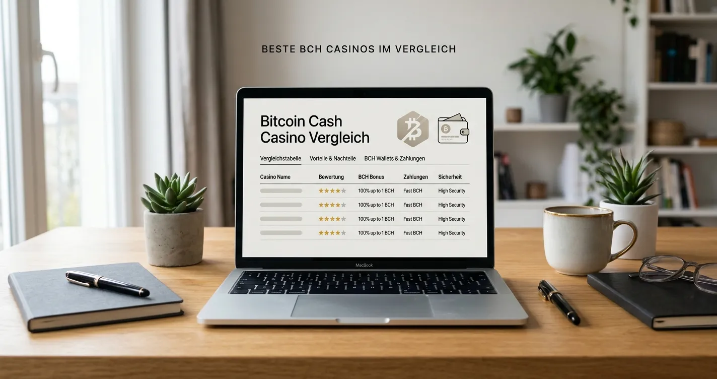 Bitcoin-Cash-Casino-Vergleich mit Laptop, Wallet und neutralem Spielsymbol