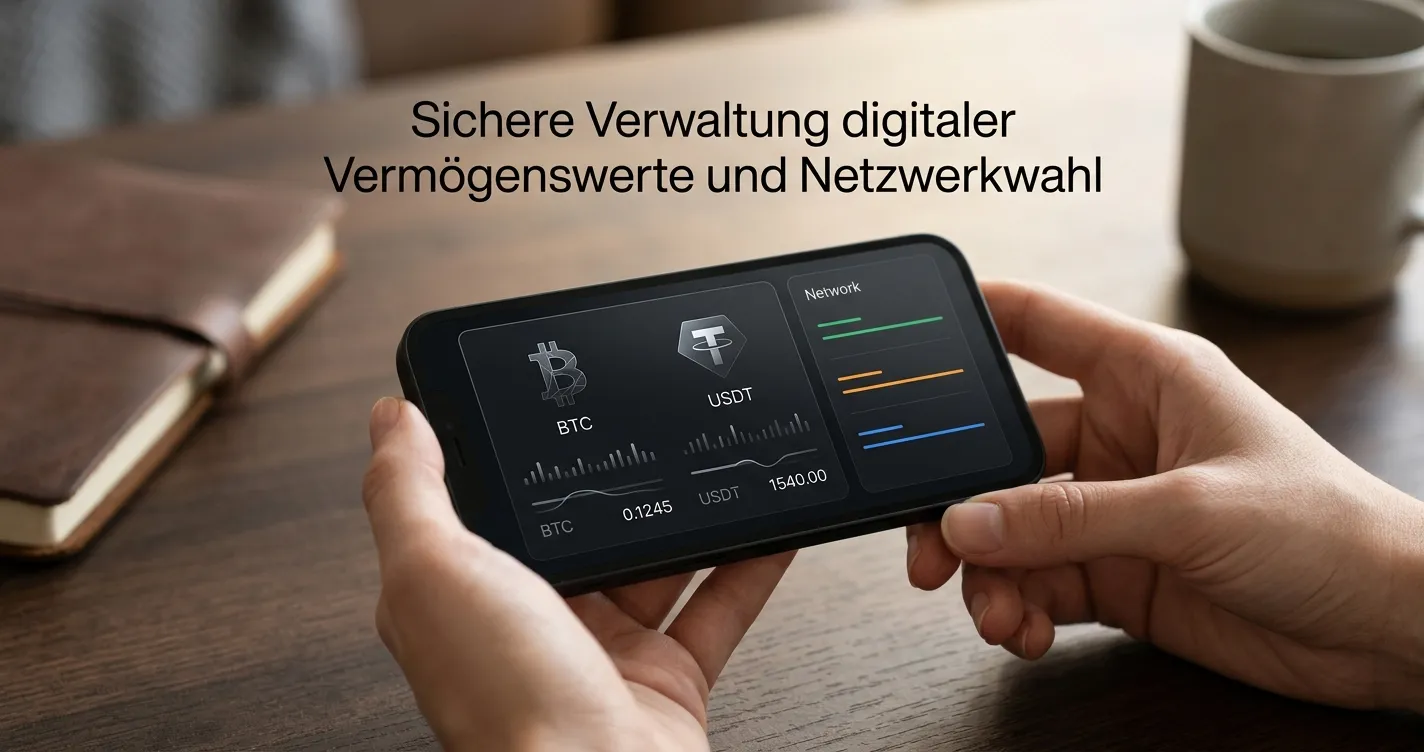 Nahaufnahme einer neutralen Wallet-Ansicht mit Coin- und Netzwerkprüfung ohne Markenlogo