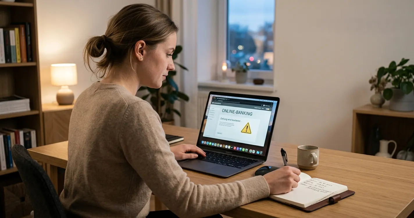 Person dokumentiert eine blockierte Auszahlung mit Notizbuch und neutralem Laptop