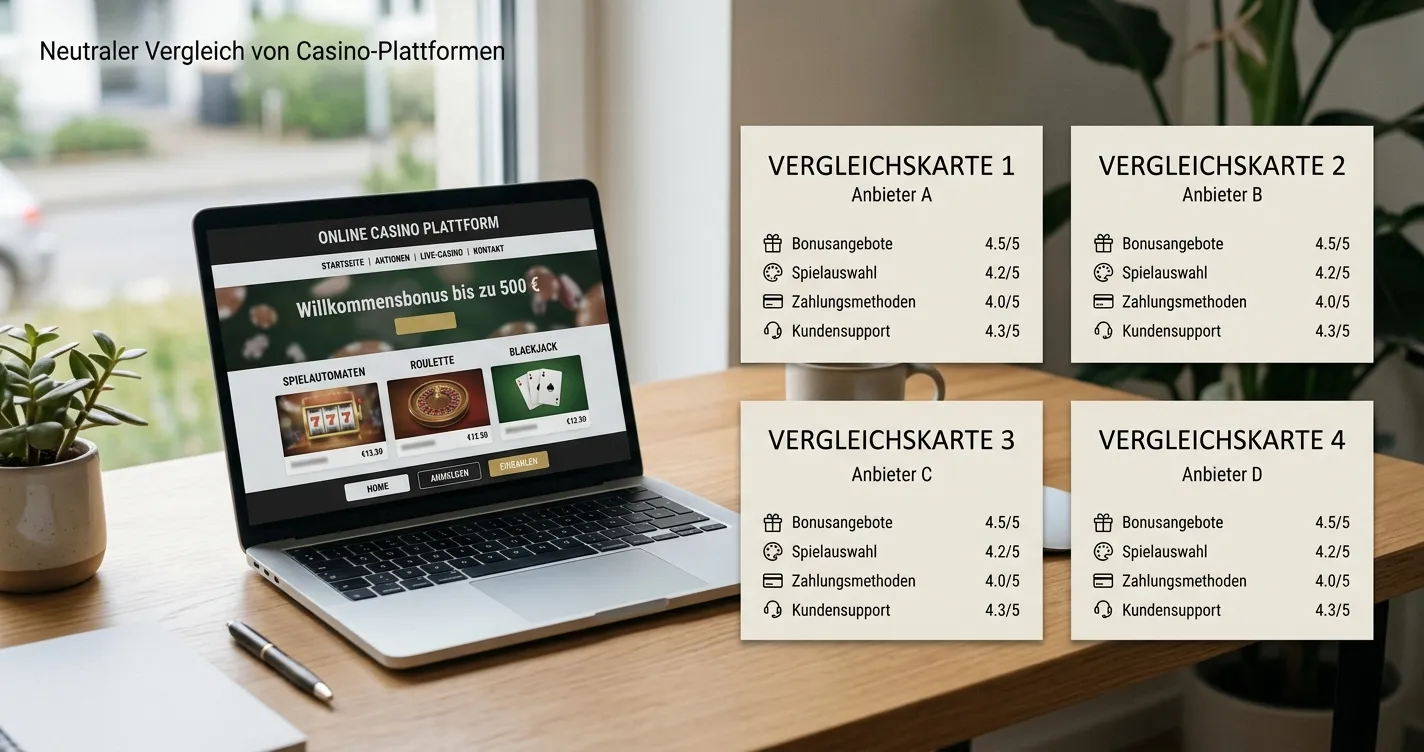 Vergleich von vier internationalen BNB-Casino-Angeboten auf einem neutralen Schreibtisch