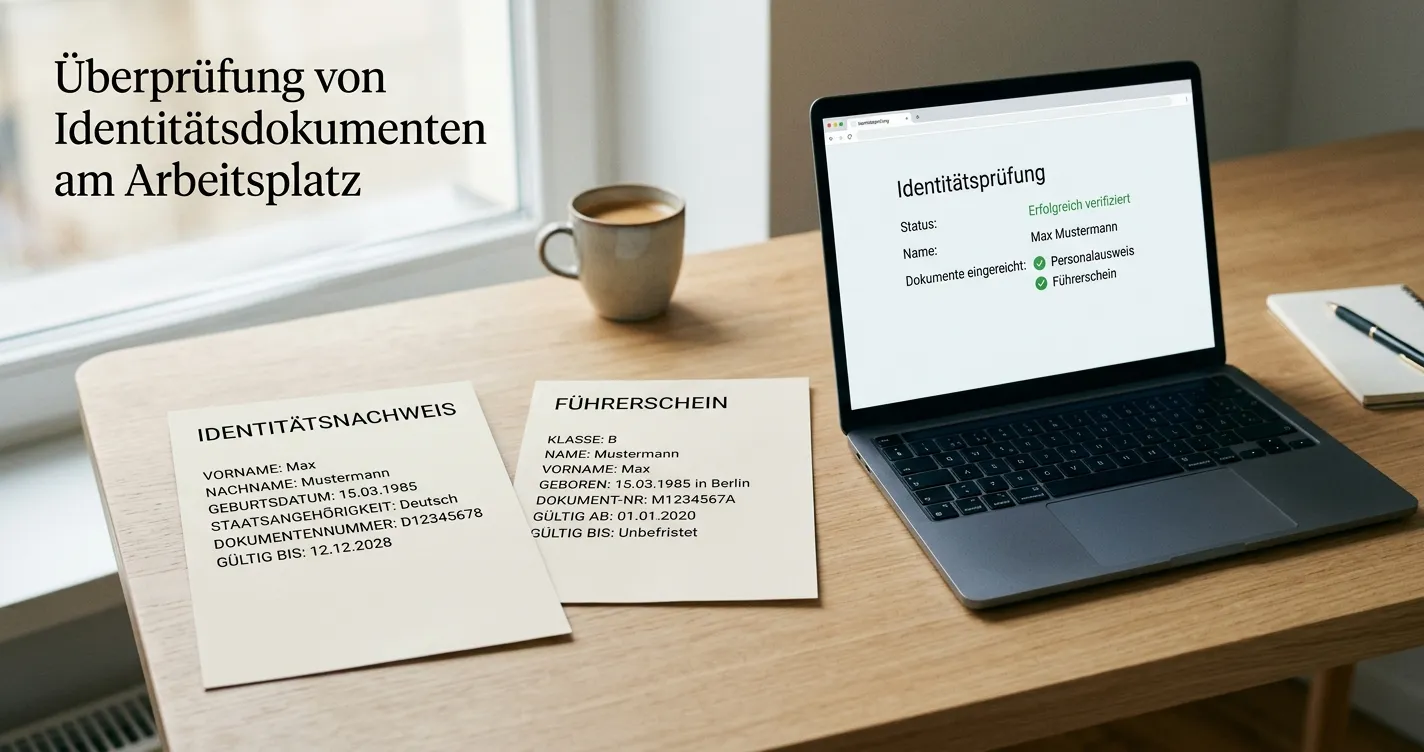 Dokumente zur Lizenz- und Identitätsprüfung neben einem Laptop