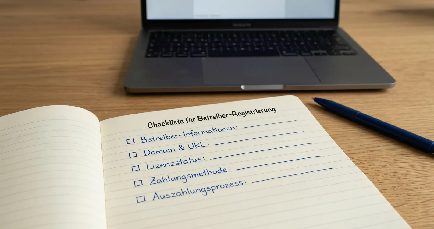 Checkliste für Betreiber, Domain, Lizenz und BNB-Auszahlung auf einem Schreibtisch