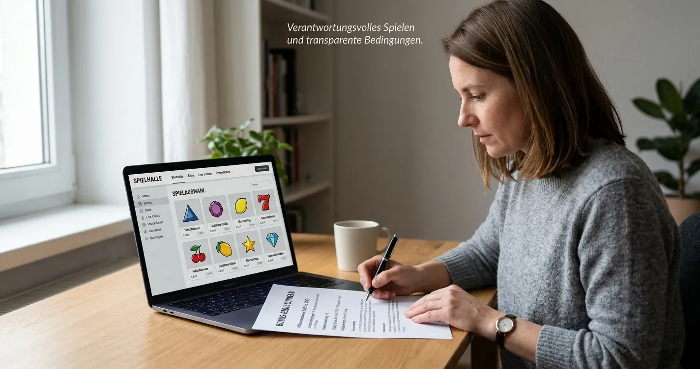 Laptop mit neutraler Spielauswahl und daneben notierte Bonusbedingungen