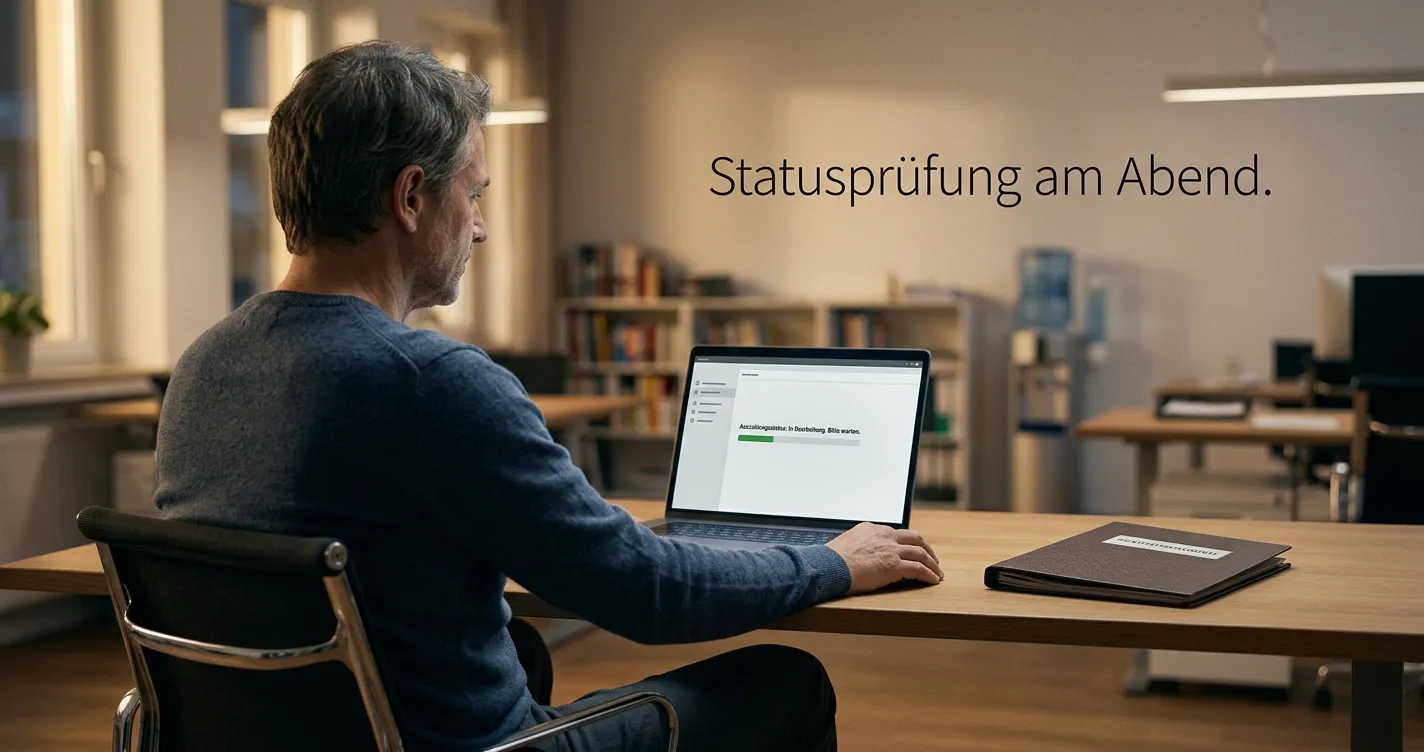 Person prüft ruhig eine Auszahlung auf einem neutralen Laptop