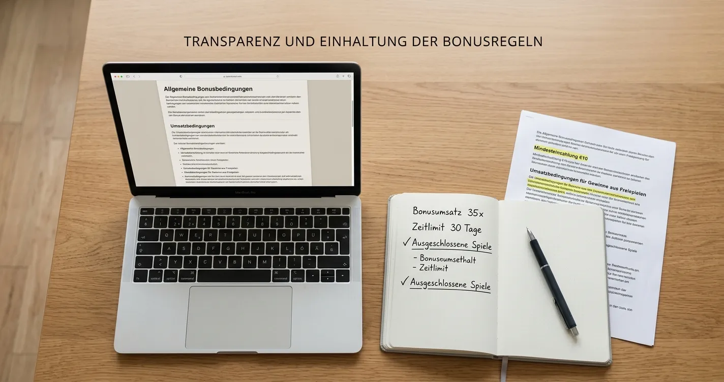 Ordentlich markierte Bonusbedingungen und Einzahlungsnotizen