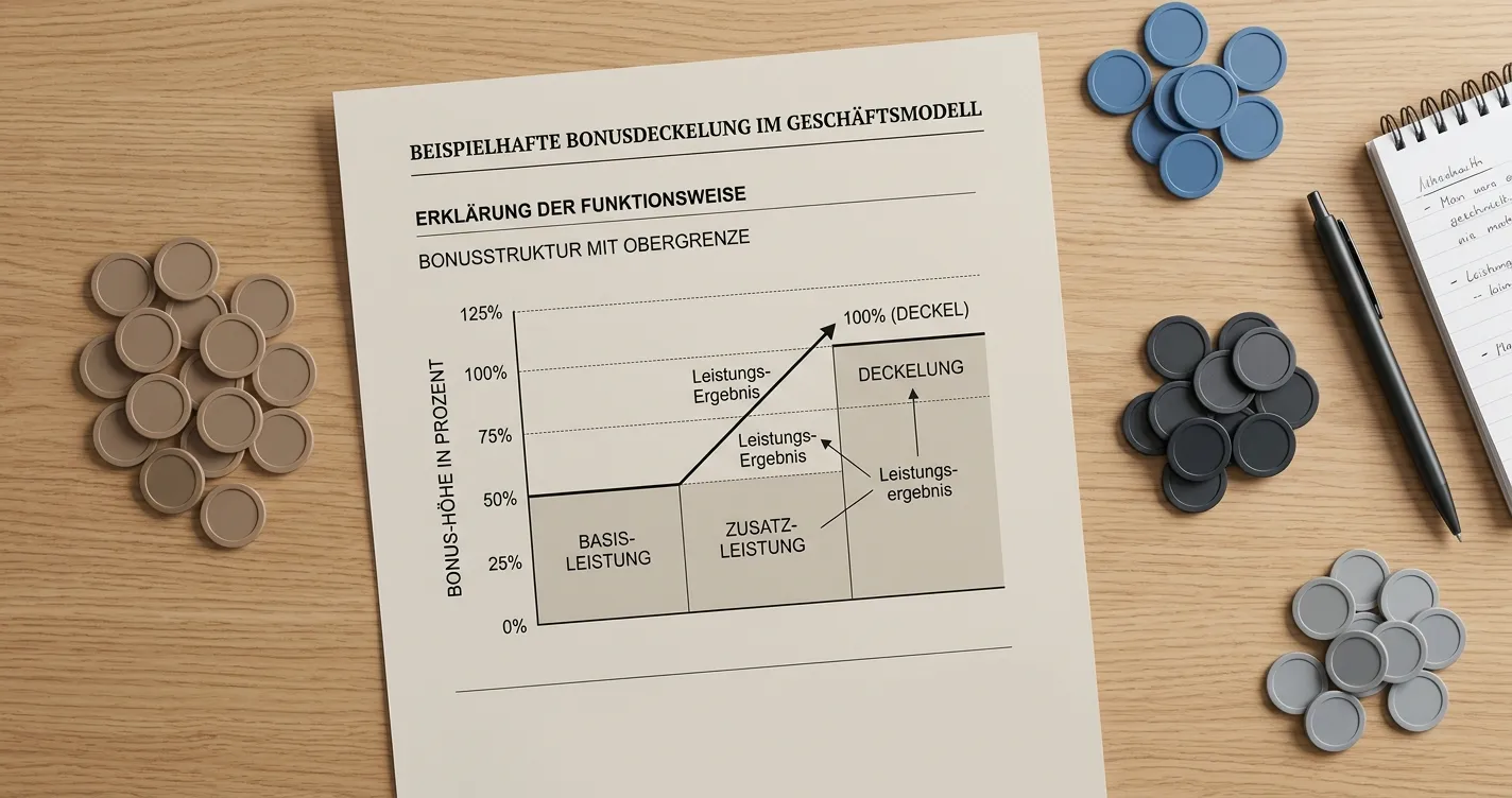 Neutrale Rechentafel mit Einzahlung, Bonusdeckel und Umsatzpfeilen