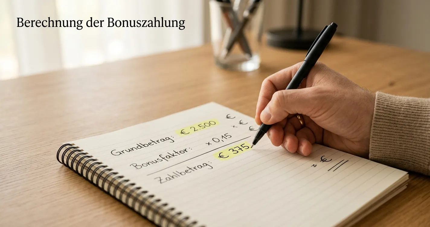 Handschriftliche Bonusrechnung mit zehn und hundert Euro Symbolbeträgen, ohne Banknoten