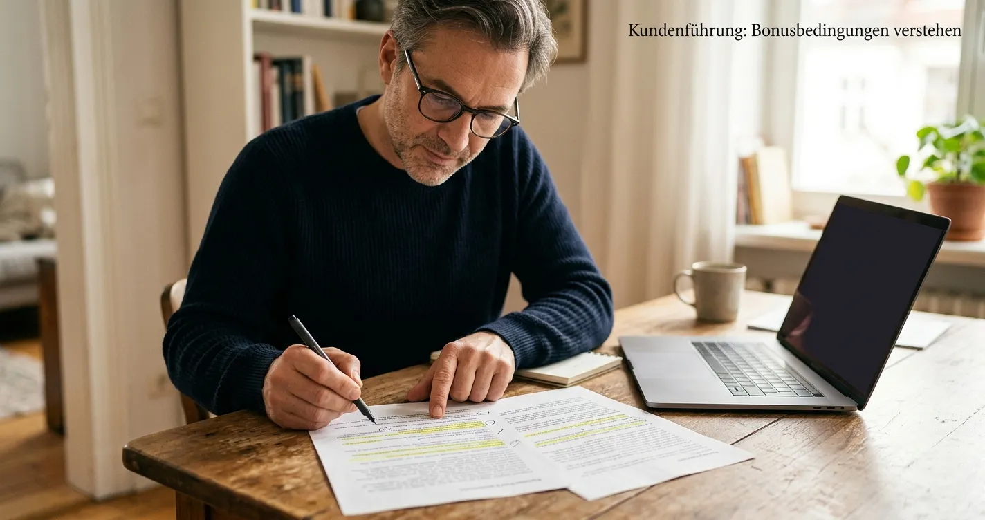 Spieler prüft Bonusbedingungen und Kontodaten auf einem neutralen Dokument