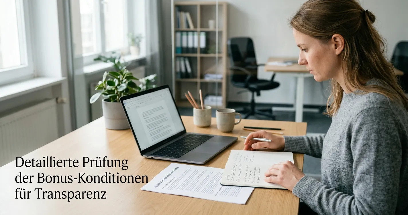 Person prüft Bonusbedingungen auf Laptop und Notizblock