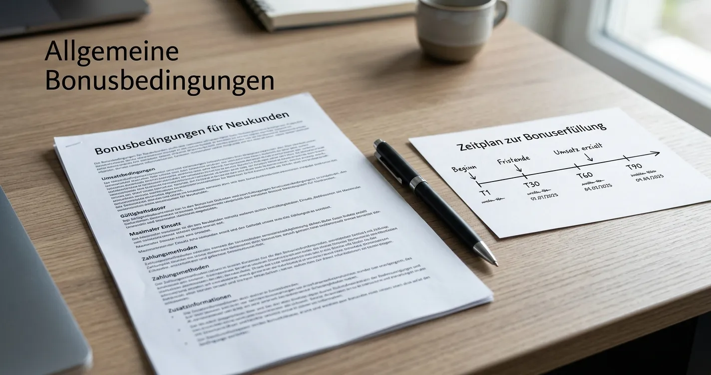 Bonusbedingungen mit Umsatz, Frist und Höchsteinsatz auf einem neutralen Dokument