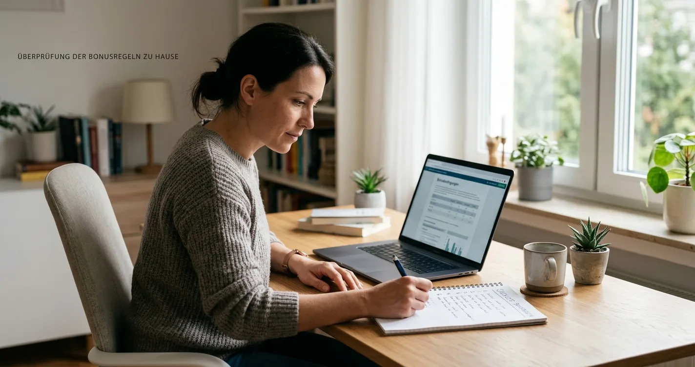 Person prüft Bonusbedingungen auf Laptop neben Notizblatt mit fünf neutralen Prüfpunkten