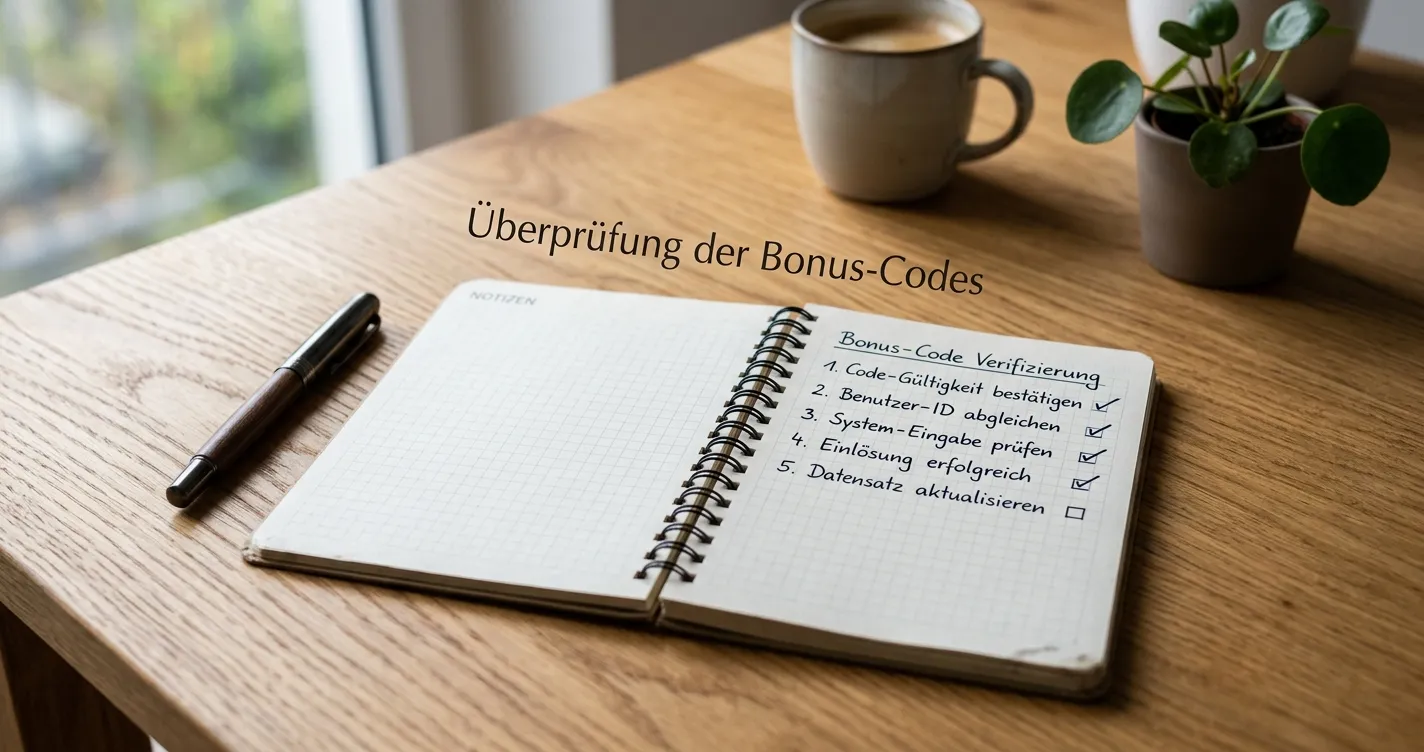 Notizblock mit Checkliste für Bonuscode-Einlösung und Stift auf Schreibtisch