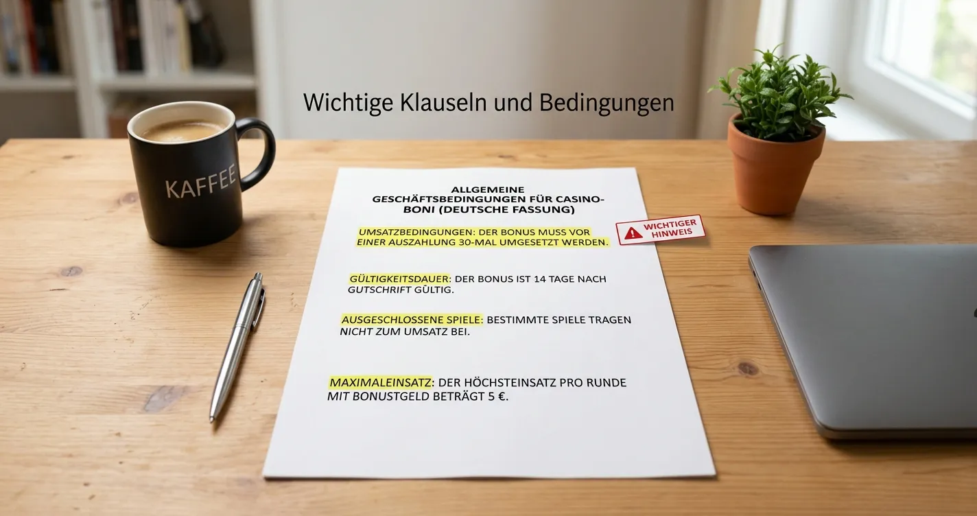 Warnschild mit Ausrufezeichen neben geöffnetem Bonusbedingungen-Dokument auf Schreibtisch