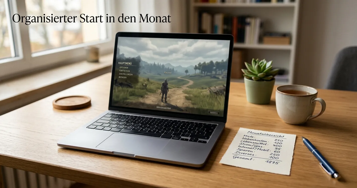 Handschriftliche Budgetnotiz neben einem neutralen Bildschirm mit Spielpause