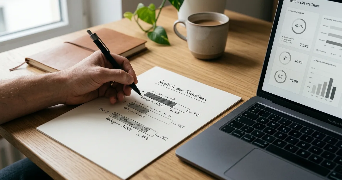Ruhiger Schreibtisch mit RTP-Vergleich und handschriftlicher Prozentrechnung