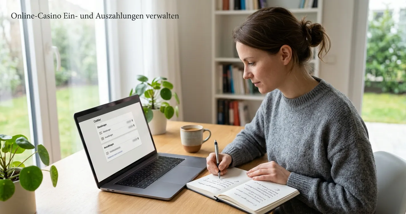 Schreibtisch mit neutralem Laptop, Kassenübersicht und Notizen zu Einzahlung und Auszahlung