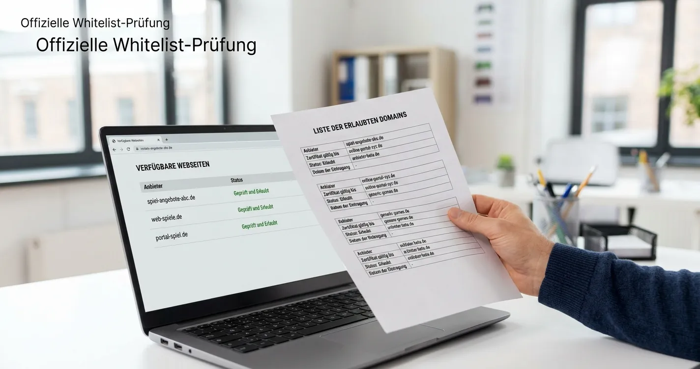 Neutraler Laptop mit Whitelist-Prüfung und deutschem Lizenzdokument ohne Logos