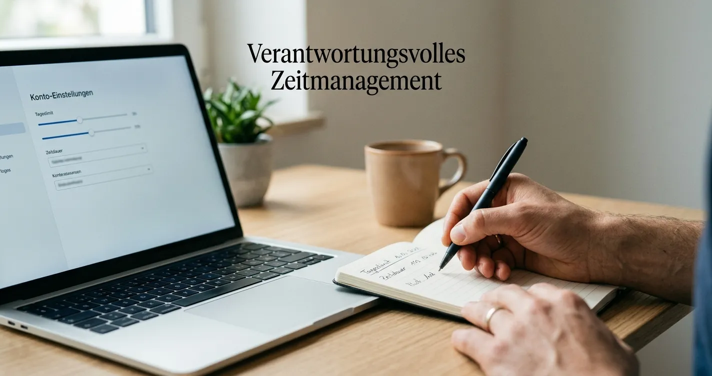 Ruhiger Arbeitsplatz mit Notizblock für Zeit- und Einzahlungsgrenzen neben einem Laptop