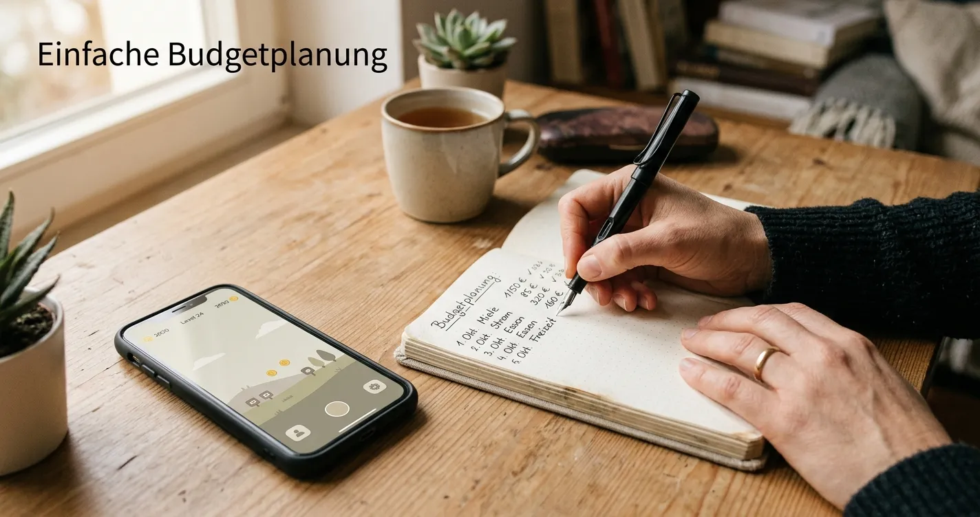 Neutrale Budgetnotizen neben einer mobilen Spieleansicht