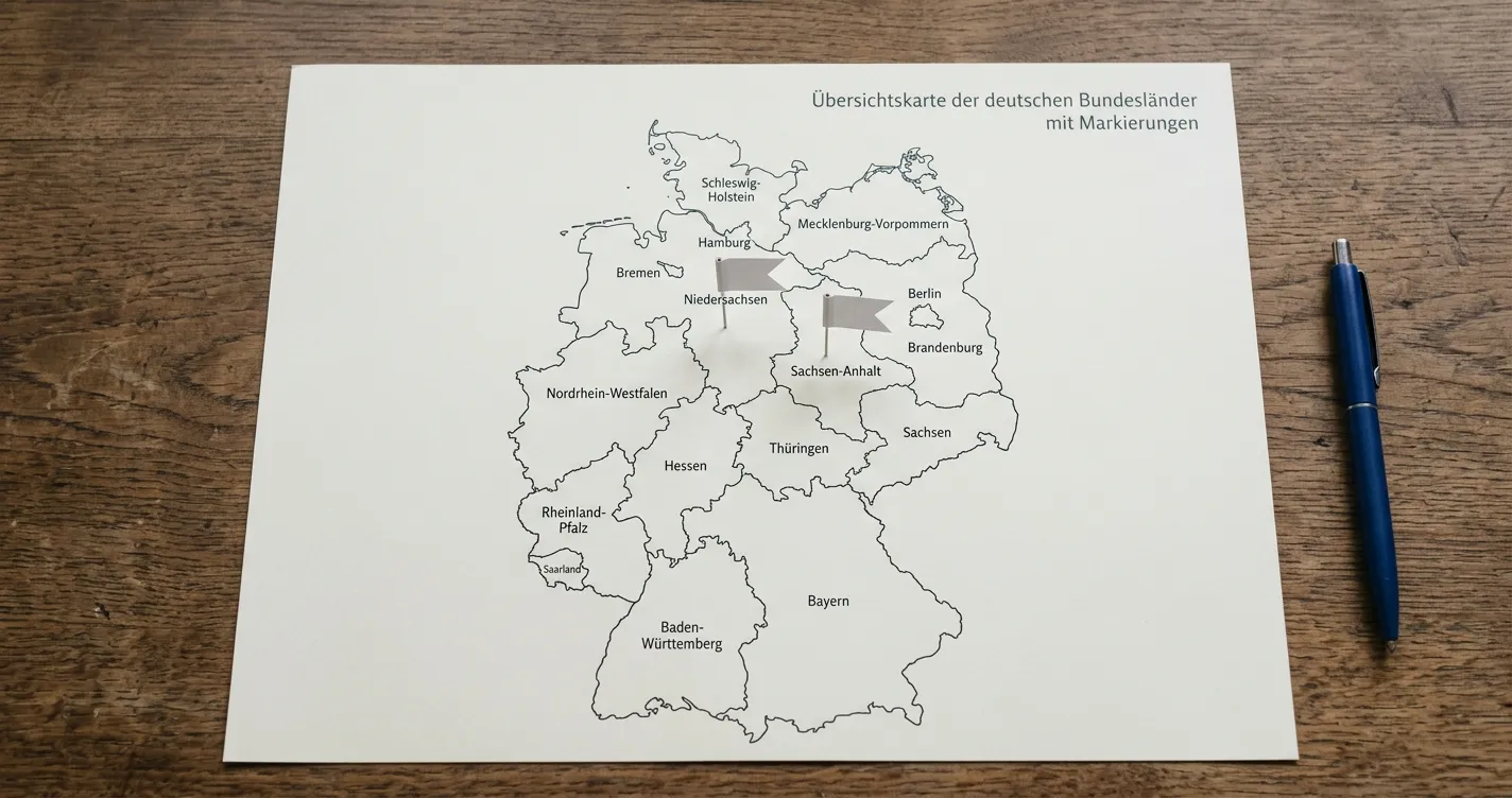Deutschlandkarte mit hervorgehobenen Bundesländern zur Zuständigkeit für Tischspiele