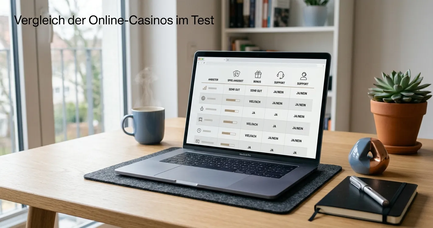 Schreibtisch mit Laptop und neutraler ADA-Casino-Vergleichsansicht