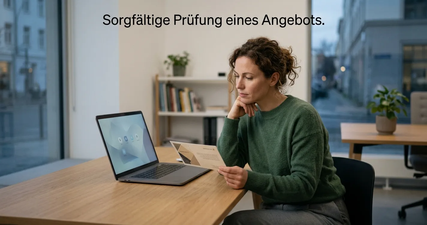 Person liest eine Aktionskarte auf einem neutralen Laptop ohne Markenlogo