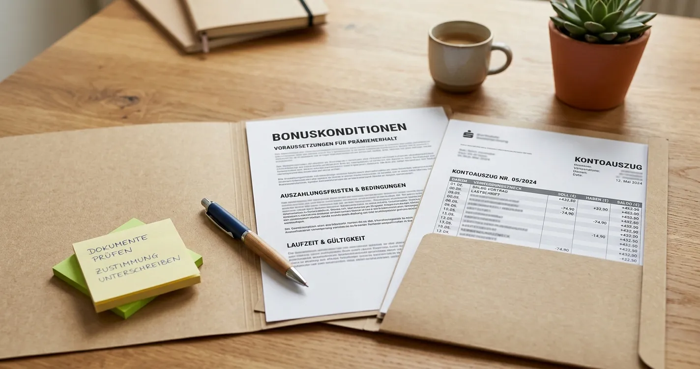 Ordner mit gespeicherten Bonusbedingungen und neutralem Kontoverlauf auf einem Schreibtisch