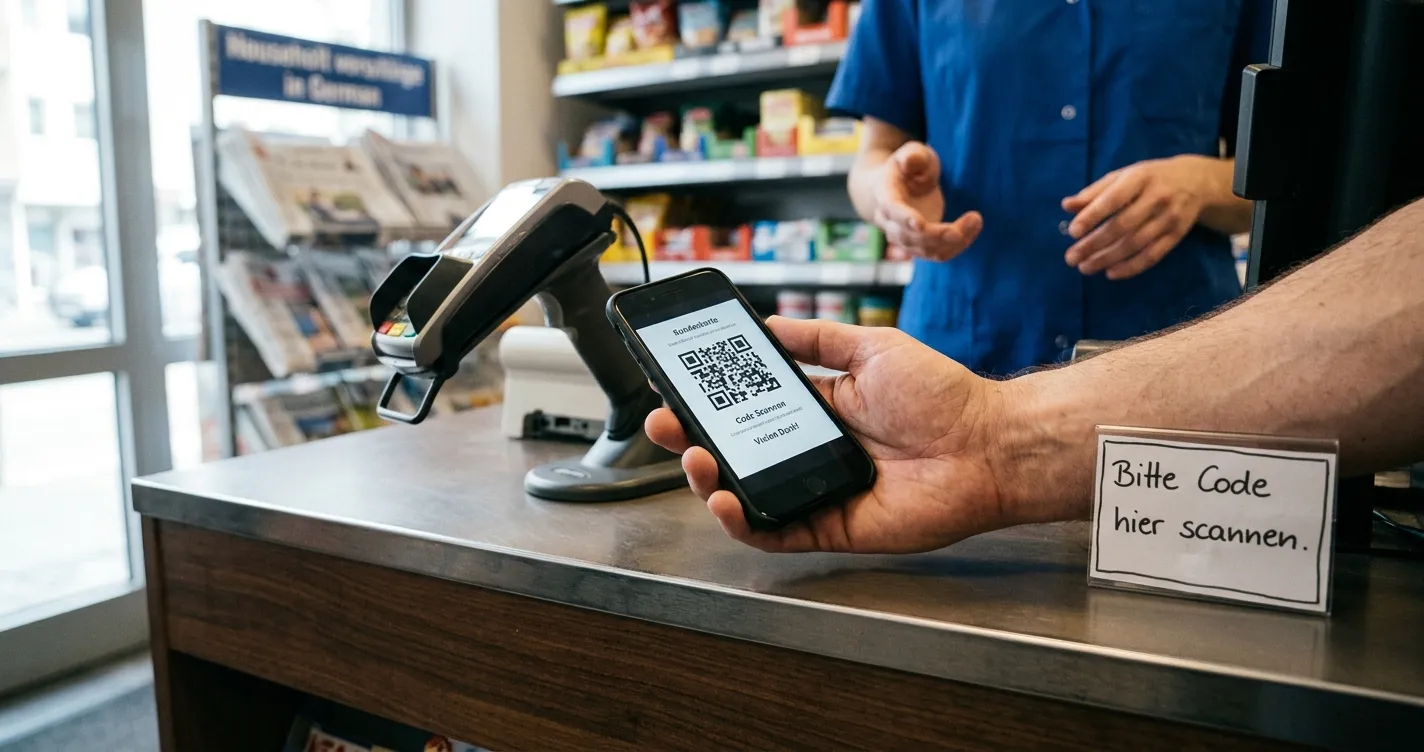 Barcode-Zahlung an einer neutral dargestellten Partnerfiliale mit aufbewahrtem Beleg