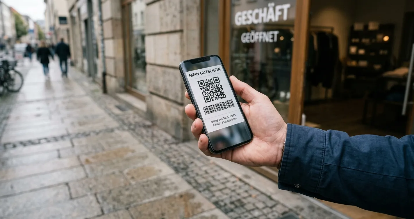 Smartphone mit neutraler mobiler Kasse und Barcode vor einer urbanen Partnerfiliale