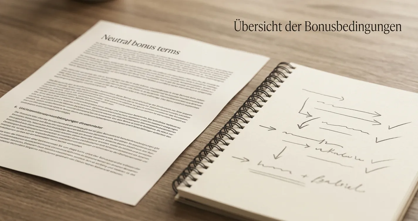 Neutrales Bonusdokument neben einem Notizblock mit Umsatzbedingungen