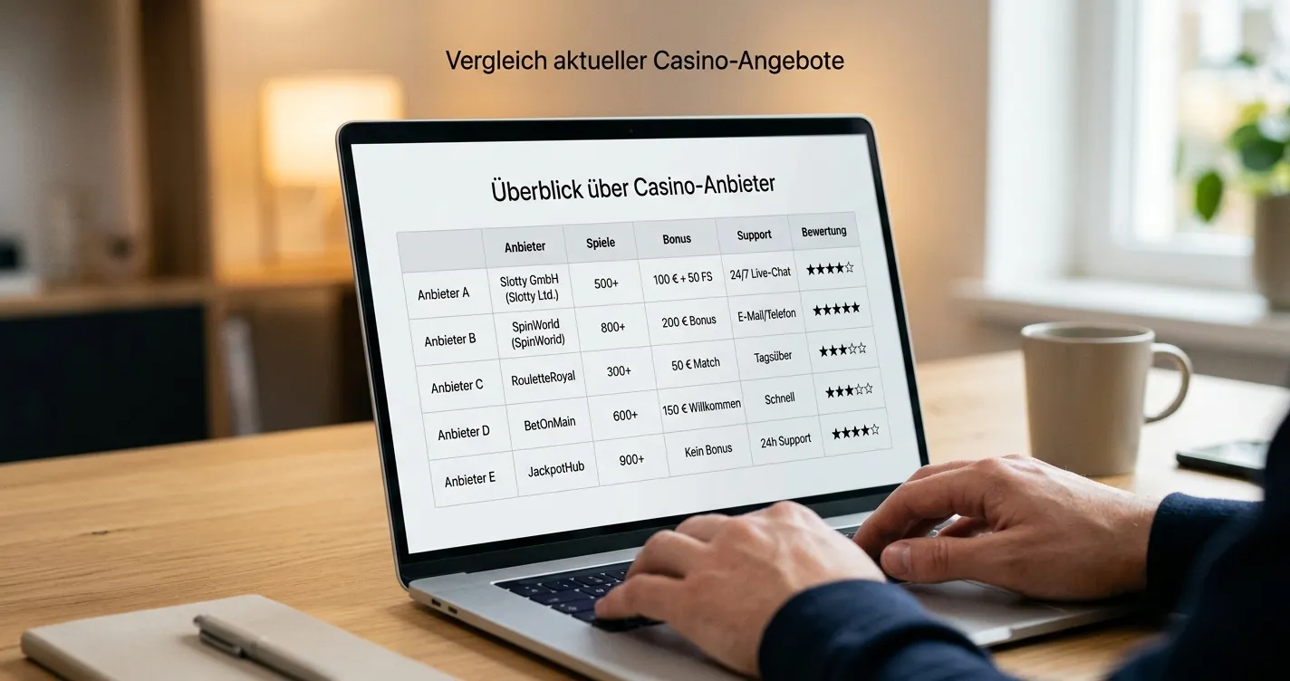 Vergleichstabelle auf Laptop-Bildschirm zeigt Casino-Anbieter mit No-Deposit-Boni