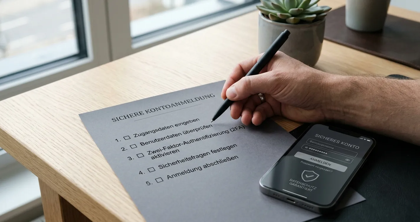 Hand mit Stift neben einer fünfteiligen Checkliste für mobile Glücksspielkonten