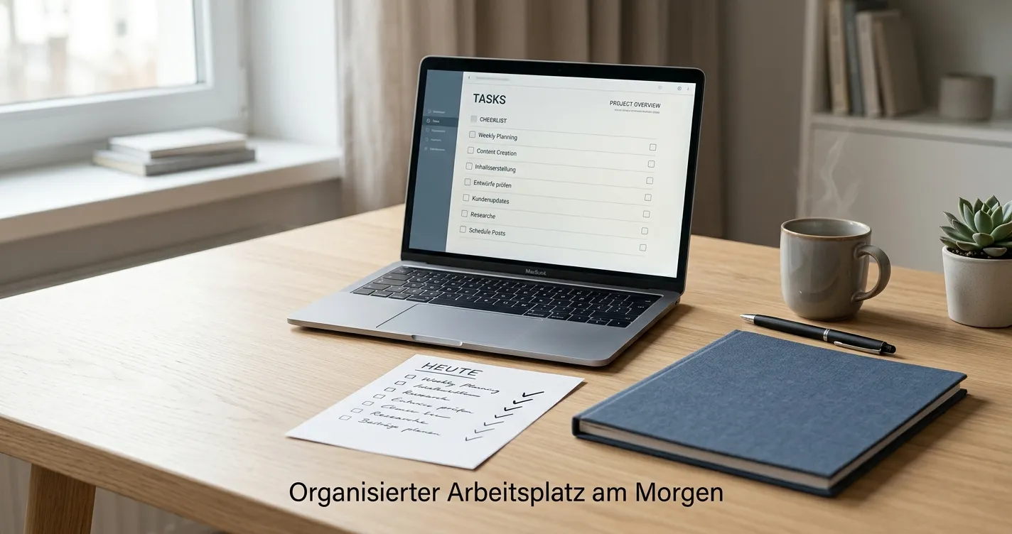 Ruhiger Schreibtisch mit geordneter Entscheidungsliste und neutralem Laptop