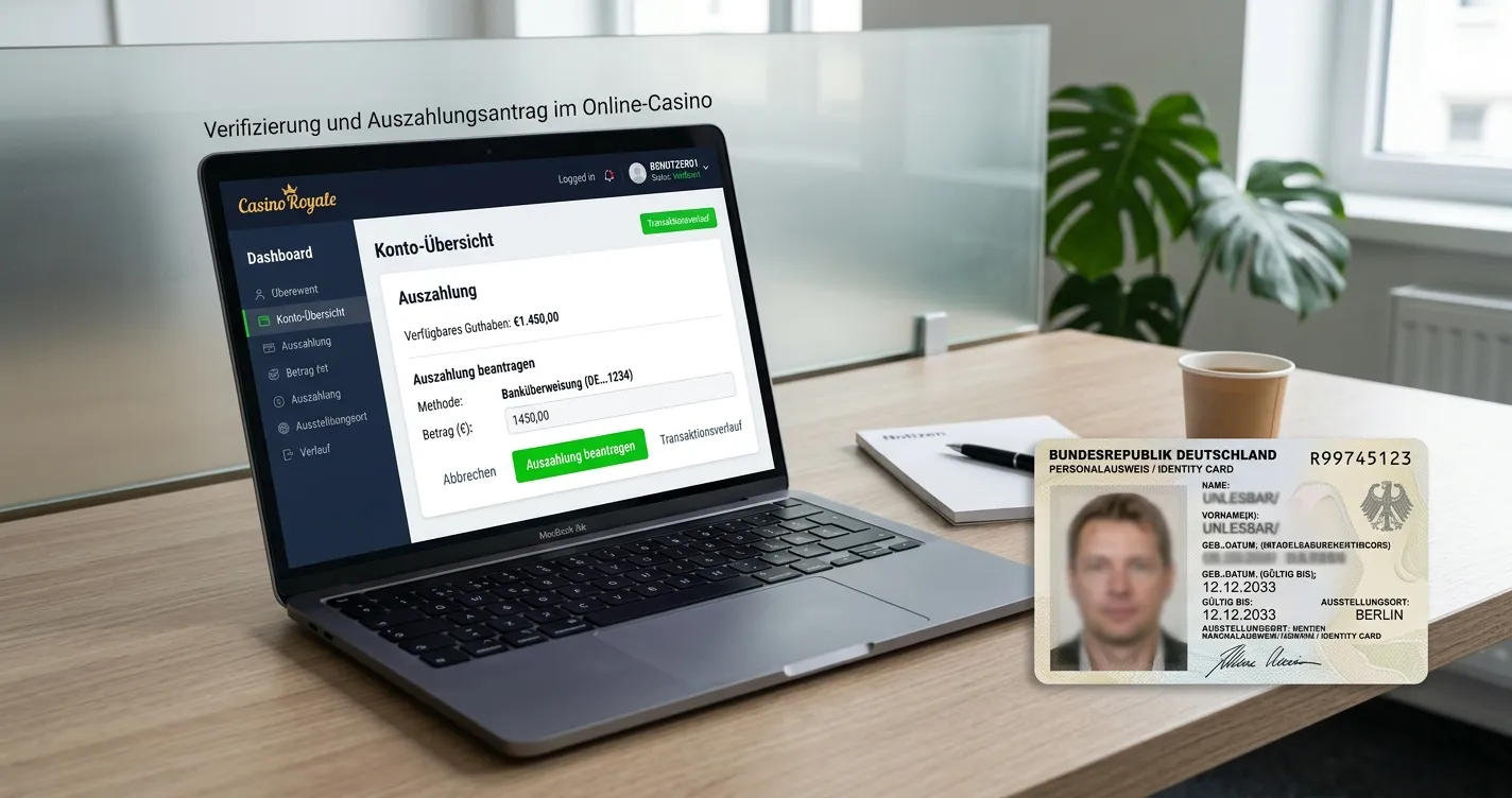 Laptop mit Casino-Kontoübersicht und Auszahlungs-Button, daneben Personalausweis