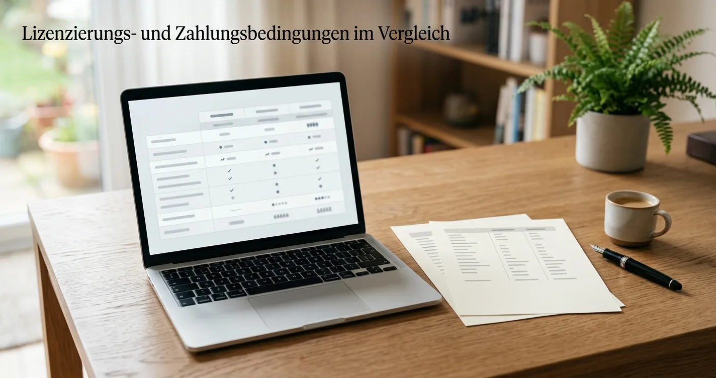 Sachlicher Vergleich von Lizenz- und Zahlungsbedingungen auf einem Schreibtisch