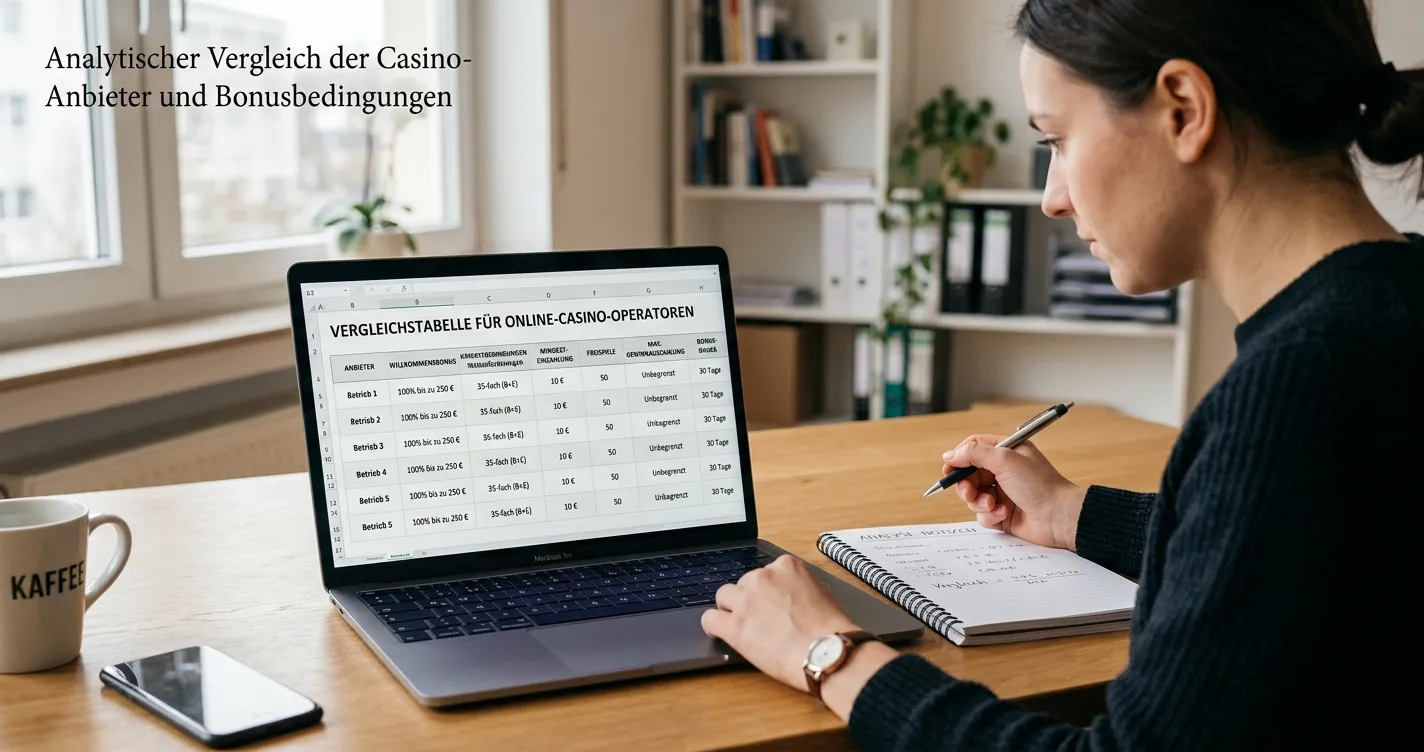 Vergleichstabelle verschiedener Casino-Anbieter mit Bonusbedingungen auf Laptop