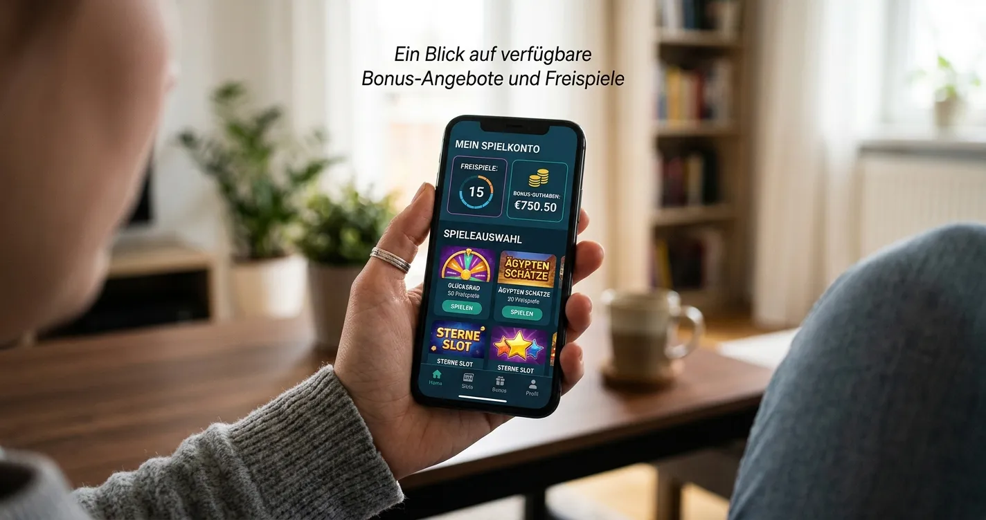 Smartphone mit Casino-App zeigt Freispiele und Bonusguthaben-Anzeige