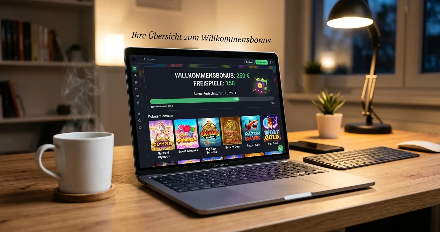 Laptop mit Casino-Dashboard, Freispiele und Bonusguthaben-Anzeige, daneben Kaffeetasse