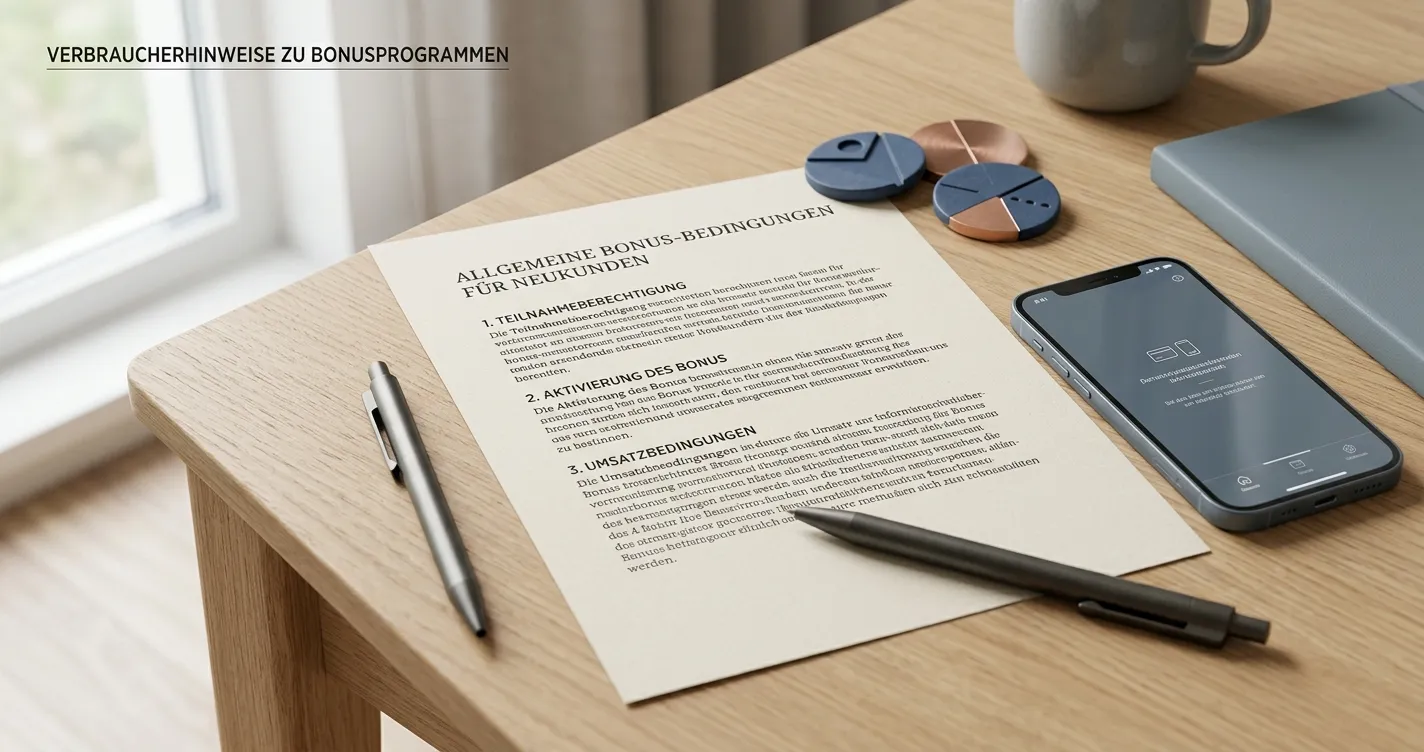 Neutrale Bonusbedingungen auf Papier neben einem Smartphone