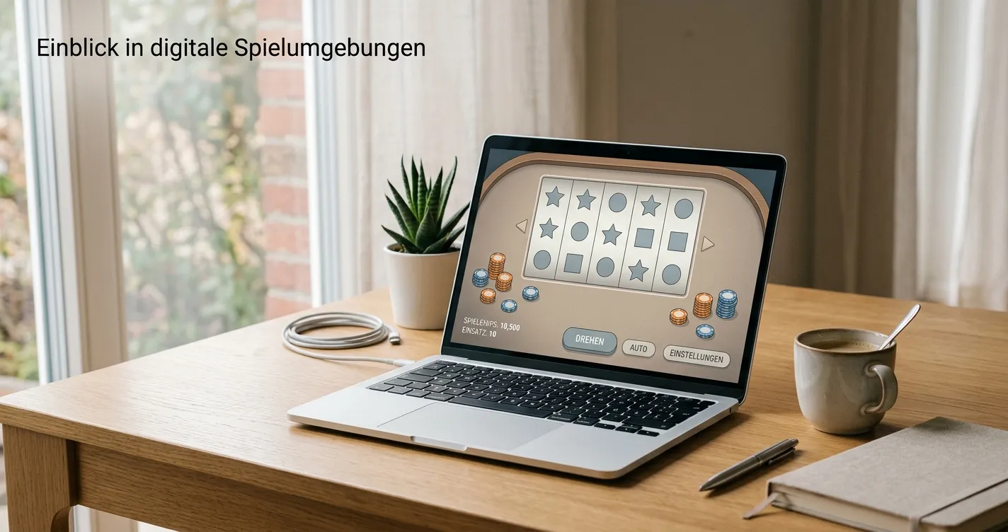 Schreibtisch mit Webbrowser-Test und klar getrenntem Spielgeldhinweis