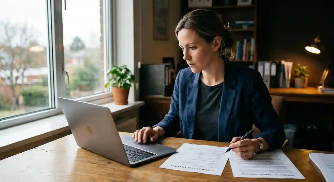 Person prüft Domain, Lizenzstatus und Auszahlungsbedingungen am Laptop