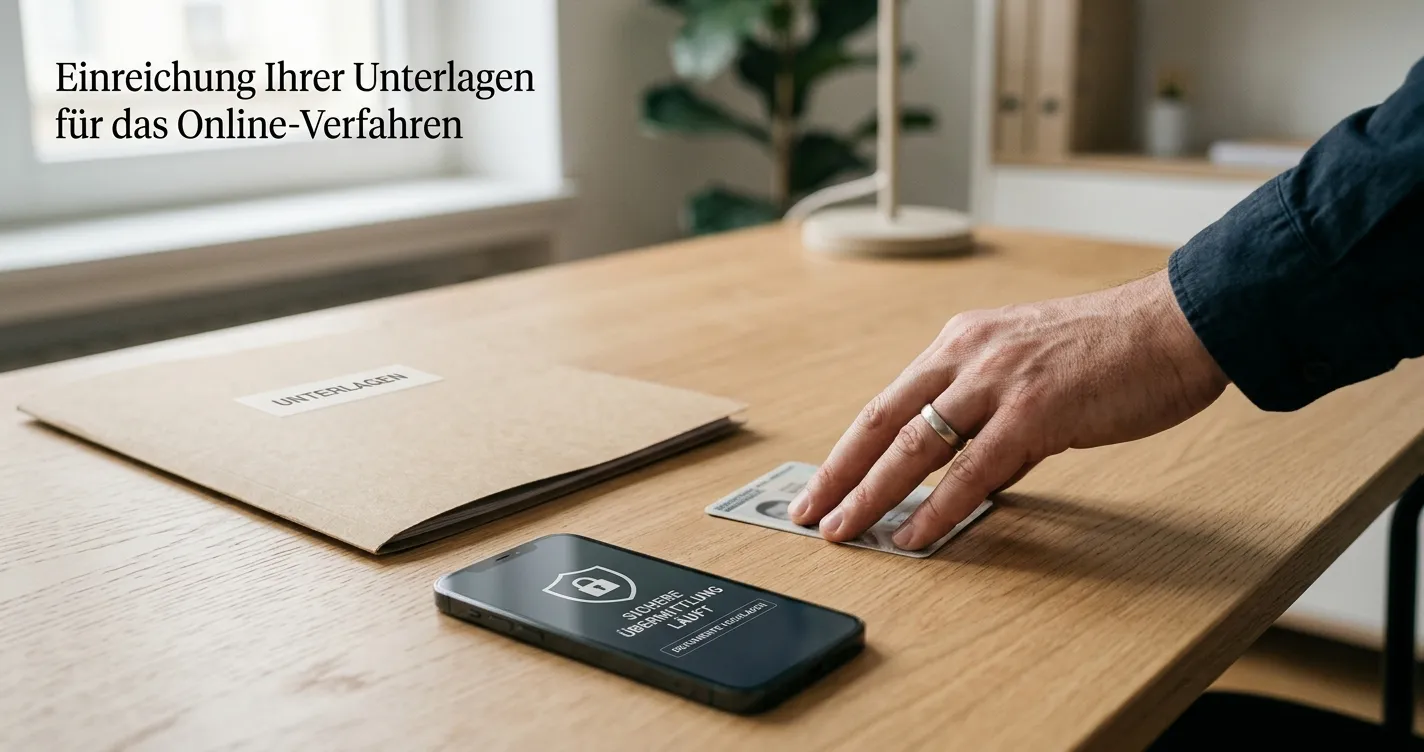 Ordner mit neutralen Identitätsunterlagen und verschlossenem Smartphone