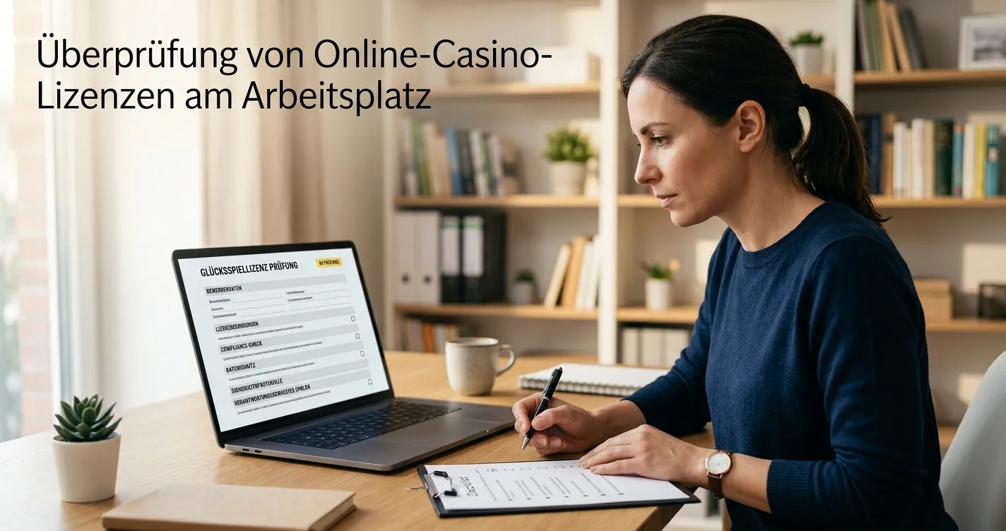 Handschriftliche Prüfliste neben Laptop mit neutraler Lizenzseite