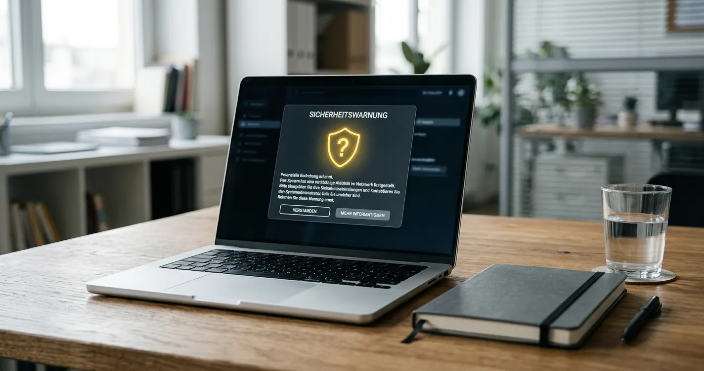 Neutraler Laptop mit Warnhinweisen zu Lizenz, Datenschutz und Auszahlung