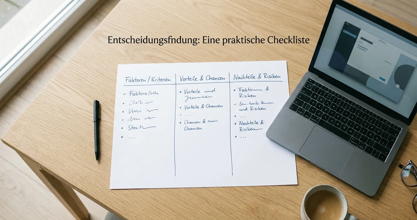 Handschriftliche Entscheidungsmatrix mit drei neutralen Optionen auf einem Schreibtisch