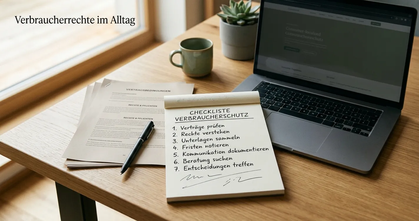 Handschriftliche Prüfliste neben neutralem Laptop und Dokumenten