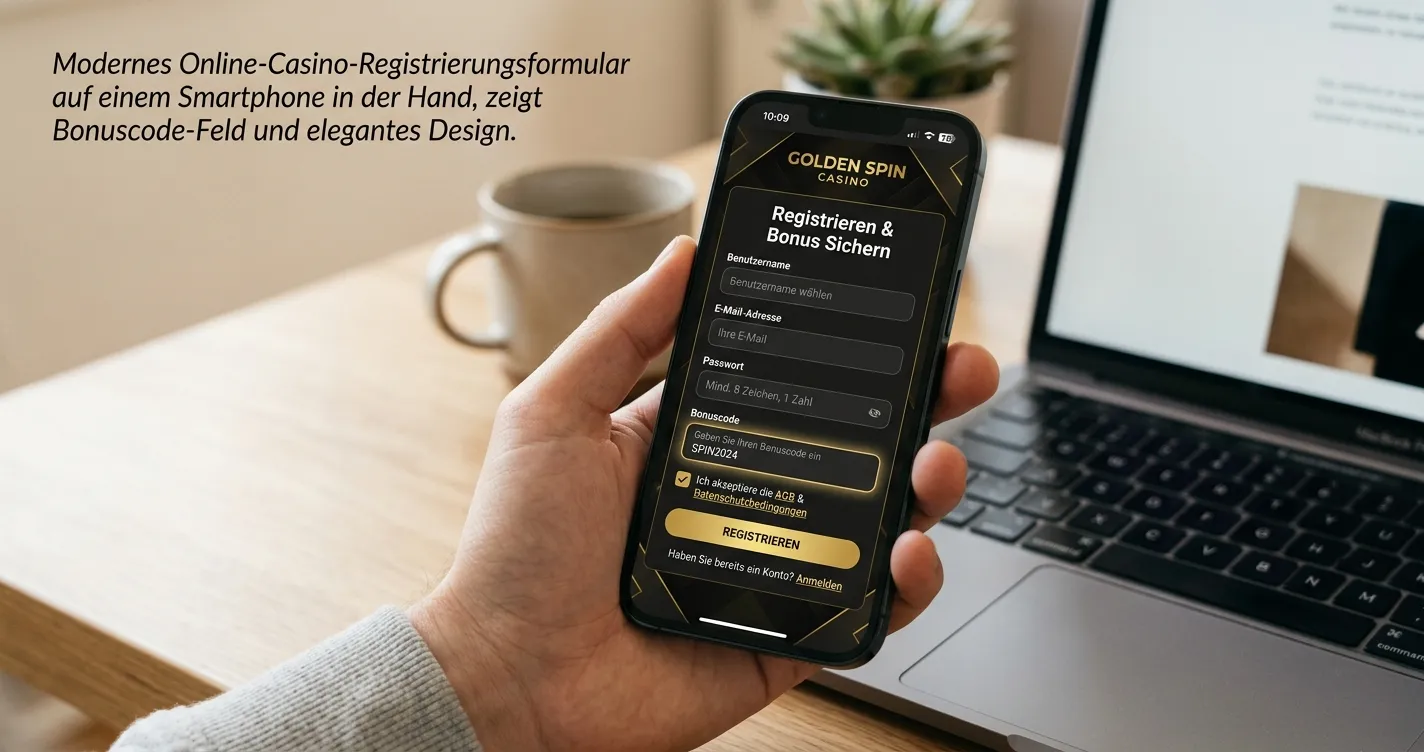 Smartphone mit Casino-Registrierungsformular und Bonuscode-Eingabefeld
