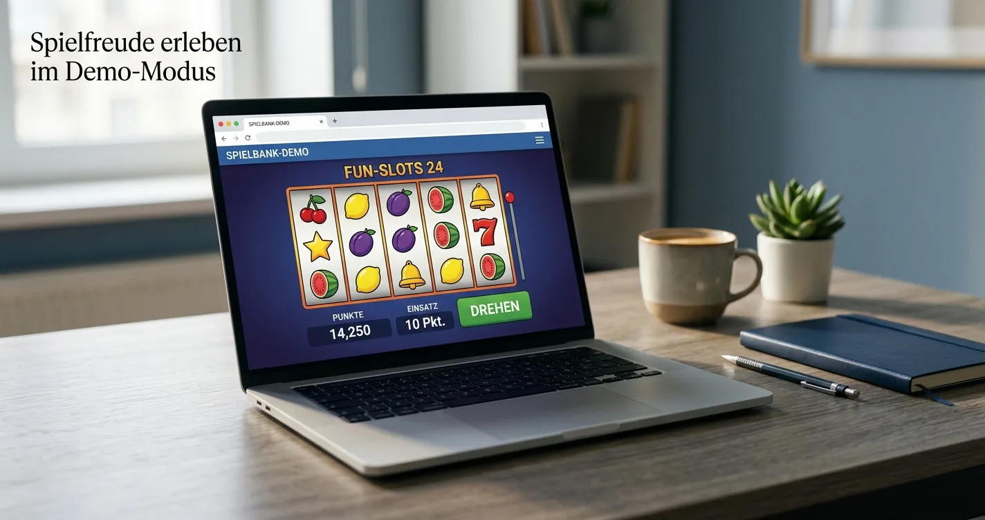 Laptop mit neutralem Webbrowser und virtuellen Spielautomaten im Testmodus