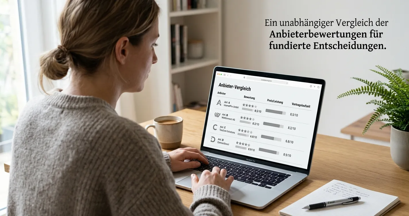 Person am Laptop vergleicht Bewertungen verschiedener Anbieter auf dem Bildschirm